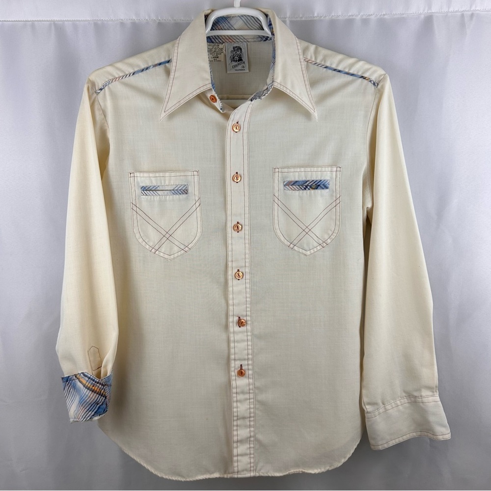 VTG 1970’s Kennington Men’s Shirt Size Large Cream with Blue Plaid Accents